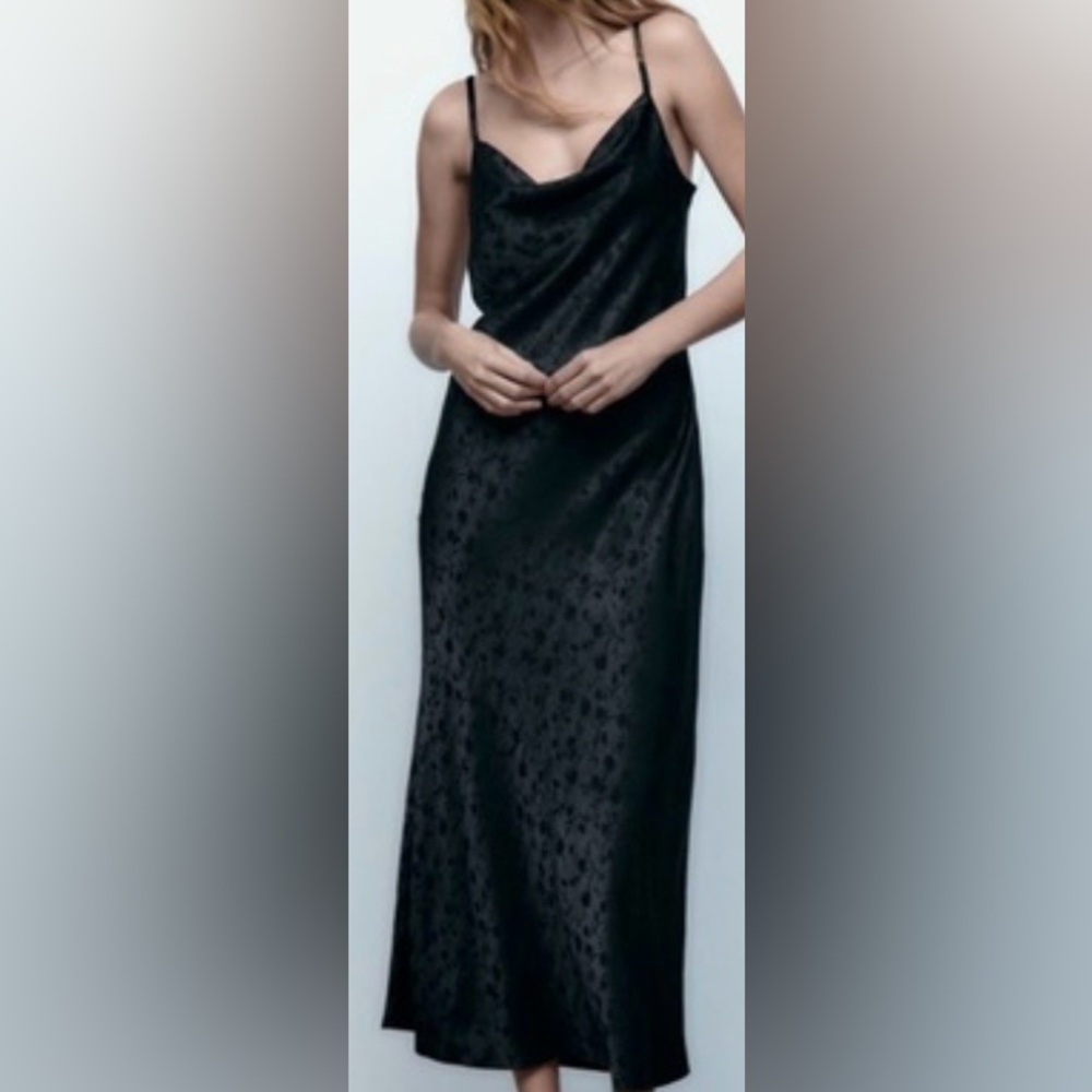Zara Black Satin Slip Dress with Subtle Floral Texture